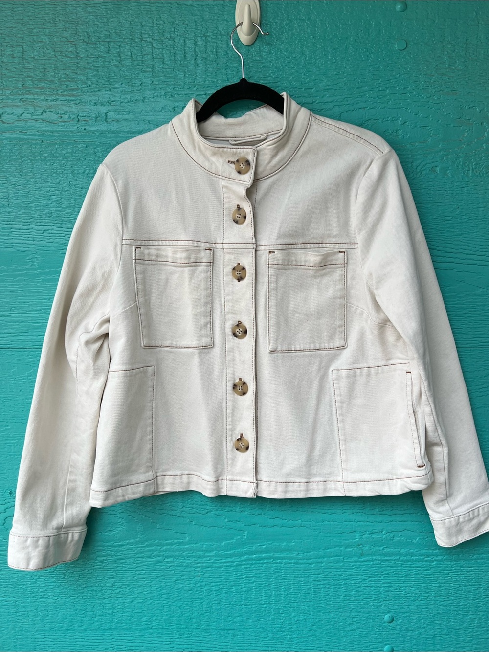 J.Jill Cream Canvas Utility Jacket Boxy Fit Button Front Brown Stitch M